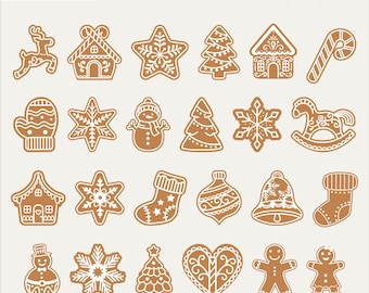May include: A collection of brown and white Christmas-themed gingerbread cookie designs. The designs include a reindeer, houses, stars, trees, a candy cane, a mitten, a snowman, a snowflake, a rocking horse, a stocking, an ornament, a bell, a heart, and gingerbread people. The image includes the text "ERRORSTAR DIGITAL ARTS".