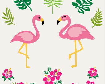 Flamingo SVG & PNG Bundle | Tropical Flamingo, Hibiscus Flowers, Palm and Monstera Leaves, Summer Vibes