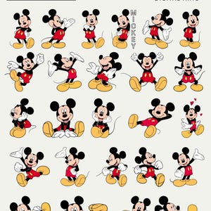 May include: A digital collection of twenty-four illustrations of Mickey Mouse in various poses and expressions, featuring the character in red shorts and yellow shoes. The text SVG | PNG and ERRORSTAR DIGITAL ARTS MICKEY are visible.