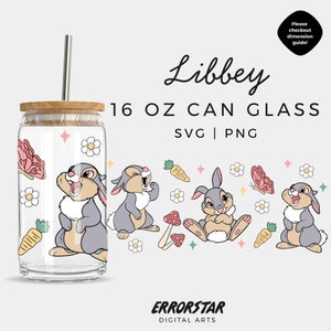 May include: A digital design featuring a cartoon bunny rabbit with a pink nose and brown eyes. The design includes a butterfly, flowers, mushrooms, and carrots. The text "Libbey 16 OZ CAN GLASS SVG | PNG" is also included in the design.