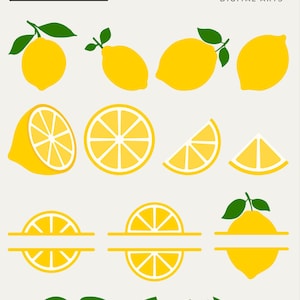 May include: A collection of yellow lemon illustrations with green leaves. The image includes whole lemons, sliced lemons, and lemon wedges. The text "SVG | PNG" is in the upper left corner, and "ERRORSTAR DIGITAL ARTS" is in the upper right corner.