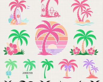 Tropical Palm Tree SVG & PNG Bundle | Summer Beach Clipart and Monogram Cut Files