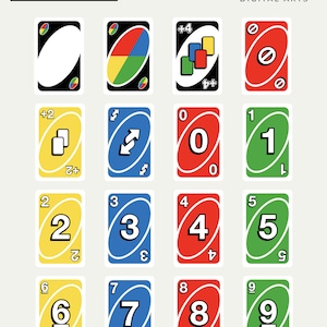 Può includere: Una collezione digitale di sedici carte da gioco con vari colori e simboli, inclusi i numeri da zero a nove e carte azione. Il testo ERRORSTAR DIGITAL ARTS e SVG | PNG è visibile all'interno dell'immagine.