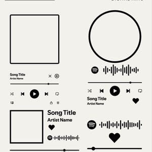 May include: A digital design file set featuring black line art on a light background. It includes four music player interface templates with placeholders for song titles, artist names, album art, and Spotify-style sound wave graphics.