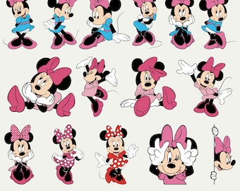 Minnie Mouse SVG & PNG Bundle | Sitting, Waving, Dancing and Pink Bow Pose Clipart