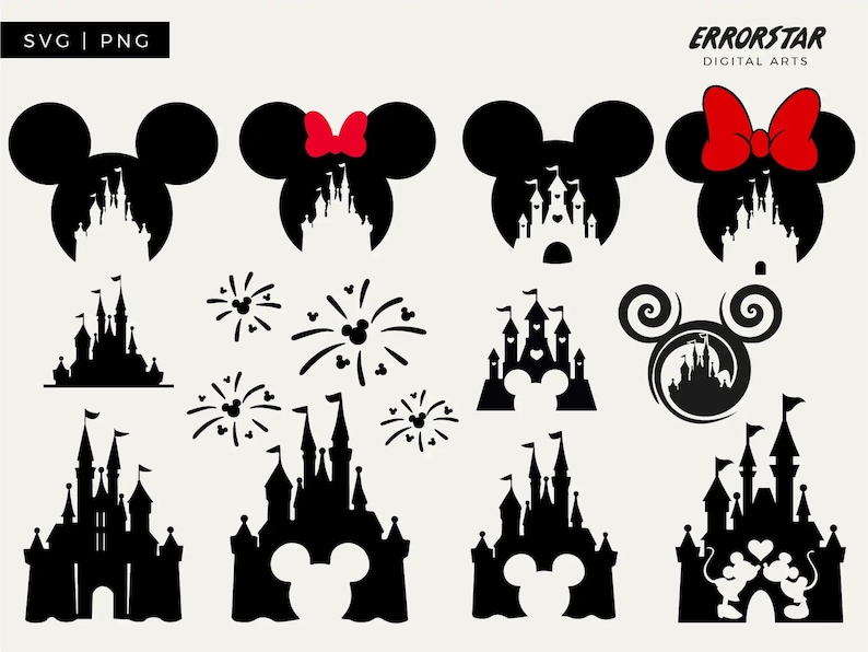 Pu&ograve; includere: Un set di 10 file di taglio SVG in silhouette nera e bianca con orecchie di Topolino e Topolina con un castello all'interno, un castello con fuochi d'artificio, un castello con orecchie di Topolino e un castello con Topolino e Topolina che si tengono per mano.