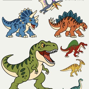 Puede incluir: Un conjunto de ilustraciones digitales que presenta siete dinosaurios de dibujos animados coloridos, incluyendo un T-Rex verde, un Triceratops azul, un Stegosaurus naranja, un Pterodactyl volador, un Spinosaurus rojo, un Parasaurolophus amarillo y un Brachiosaurus azul verdoso.