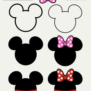 May include: A digital graphic set featuring six mouse head silhouettes in various styles, including outlines, solid black, and versions with red or pink polka-dot bows and clothing patterns. The text ERRORSTAR DIGITAL ARTS and SVG | PNG is visible.
