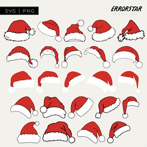 May include: A collection of red Santa hats with white trim and pom-poms. The hats are in various styles and angles, perfect for holiday-themed digital art projects. The image includes the text "SVG | PNG" and "ERRORSTAR DIGITAL ARTS".