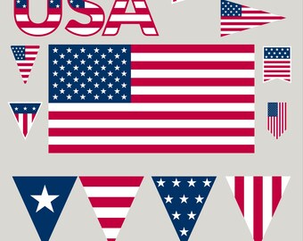 USA Flag SVG & PNG Bundle | Patriotic Bunting, Pennant, Badge and Banner Cut Files
