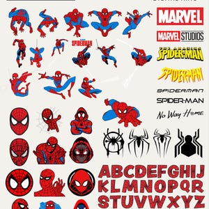 May include: A collection of Spider-Man themed digital art elements. Includes various poses of the character in red and blue, logos, spider web designs, and an alphabet with numbers. The text "MARVEL" and "SPIDER-MAN" are also present.