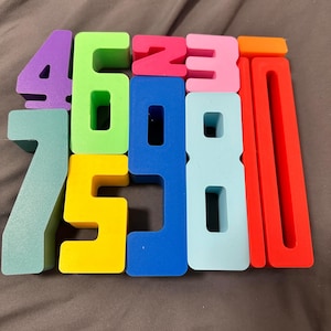 May include: A set of colorful wooden number blocks, including the numbers 1, 2, 3, 4, 5, 6, 7, 8, 9, and 0. The blocks are arranged in a random order.