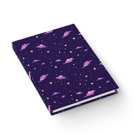 Space Hardcover Journal, Matte Finish, Cute Simple Notebook, Purple Planets With Stars, Ruled Line Paper, 5.75x8 Inch Size