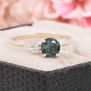 Round Moss Agate Engagement Ring in 925 Sterling Silver with Marquise CZ Accents Nature Inspired Bridal Jewelry for Women Minimalist ring