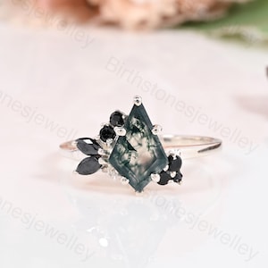 Moss Agate Kite Cut Ring: Black Spinel Sterling Silver Statement Ring