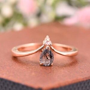 Schwarzer Rutilquarz Verlobungsring Roségold |Birnenschliff Ring |Halbe Eternity Diamantring Jahrestagsring|Art-Deco-Ring Minimalistischer Ring