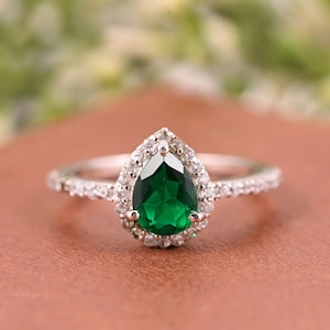 Pear Emerald Engagement Ring: Art Deco Sterling Silver Wedding Ring
