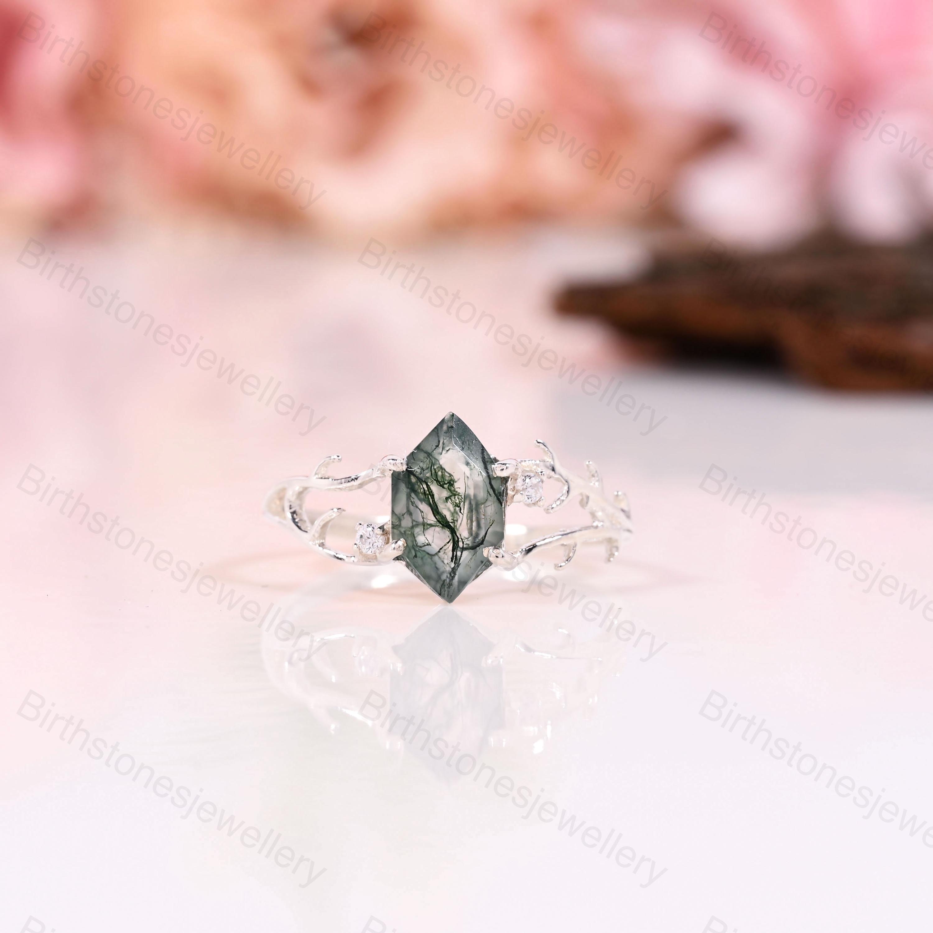 モスアゲートの六角形リング：スターリングシルバーの枝角デザイン