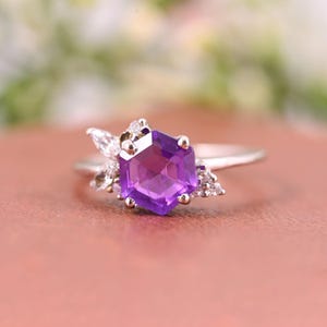 Hexagon Amethyst Engagement Ring: Sterling Silver Leaf Branch Promise Ring