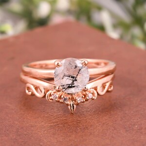 Round Rutilated quartz engagement ring set round cut ring set women ring set gemstone ring set gift for women Birthday gift Women ring set
