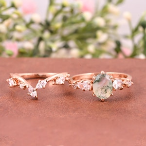 Moss Agate engagement ring set solid gold Ring oval cut ring set wedding ring set promise ring Anniversary ring diamond ring gift for mother