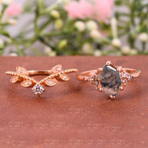 Hexagon cut green moss agate ring moss agate engagement ring set 14k rose gold dainty moissanite wedding ring set valentine day gift