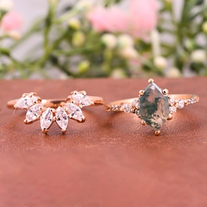 Green moss agate ring set hexagon cut moss agate engagement ring set diamond ring rose gold anniversary ring set women ring birthstone ring