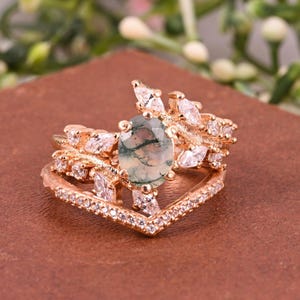 Moss agate engagement ring set rose gold oval cut ring diamond ring set anniversary ring set women ring set Christmas gift for love