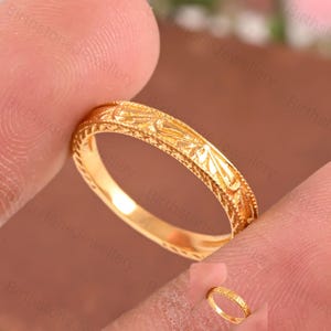 Vintage yellow gold wedding band Unique plain band Milgrain Carved ring Full eternity band Filigree Stacking ring Promise Anniversary gift