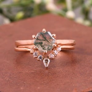 Hexagon moss agate engagement ring set rose gold cluster ring minimalist wedding proposal ring set Anniversary ring promise ring gift love
