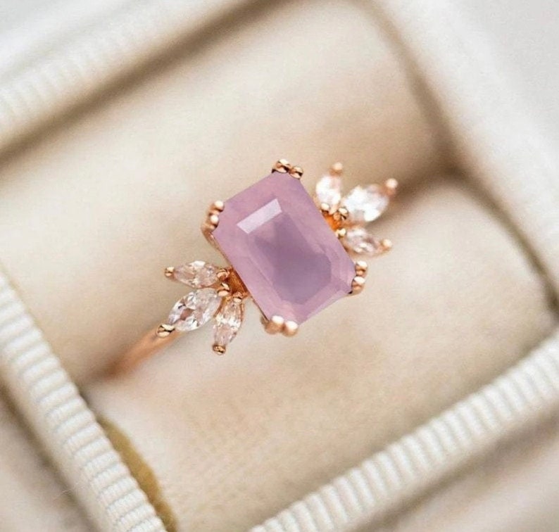 Rose Quartz Engagement Ring Emerald Cut Vintage Rose Gold Etsy
