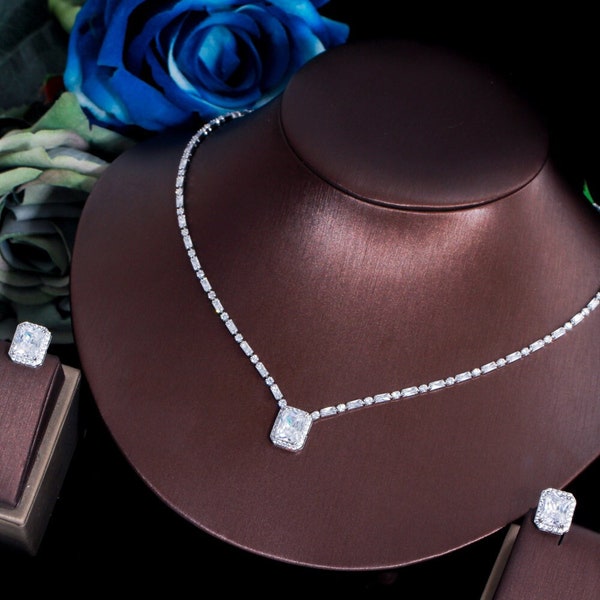 Swarovski Crystal Silver Diamond/Crystal Necklace, Bridal Blue Paraiba Necklace Set, Bridal Jewelry, Statement Necklace Choker, Cz Wedding