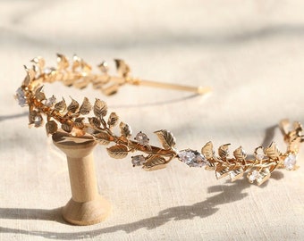 Diadème de mariée en or, Couronne de fleurs de feuilles, Diadème de mariage en or, Tiare de fleurs, Couronne de feuilles d’or, Tiare d’or, Couronne de cheveux en cristal, Cadeau de bandeau de cheveux