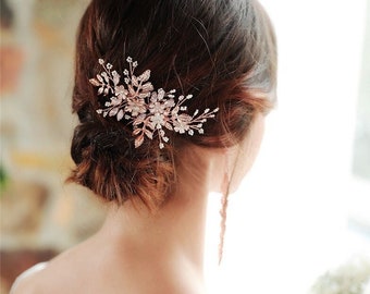 Floral Bridal Comb, Pearl Crystal Wedding Comb, Bridal Hair Comb, Wedding Hair Accessory, Rose Gold Hair Comb, Pearl Comb, Bridal Headpiece