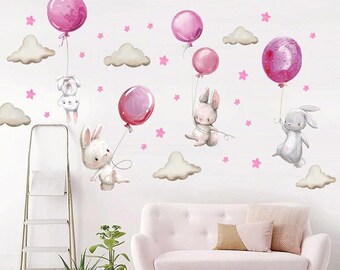Konijntjes met ballonnen roze muur tattoo sticker kwekerij schattig konijn muur voor kinderen kamer kat baby kinderkamer jongen meisje muur stickers slapen konijn
