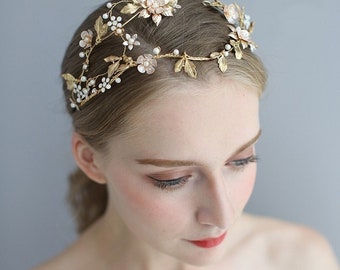 GoldBlatt Florale Hochzeit Tiara Haarkrone Strass Accessoires Handarbeit Braut Frauen Party Kopfschmuck, Braut Haarband,Floral gold Stirnband