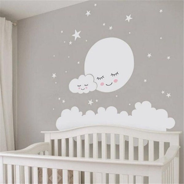 Moon stars Wall Decal Cloud Nursery Wall Stickers For kids Room Decal Nursery Art Home Decor girls decorative babies Decal,Baby Bed Playroom