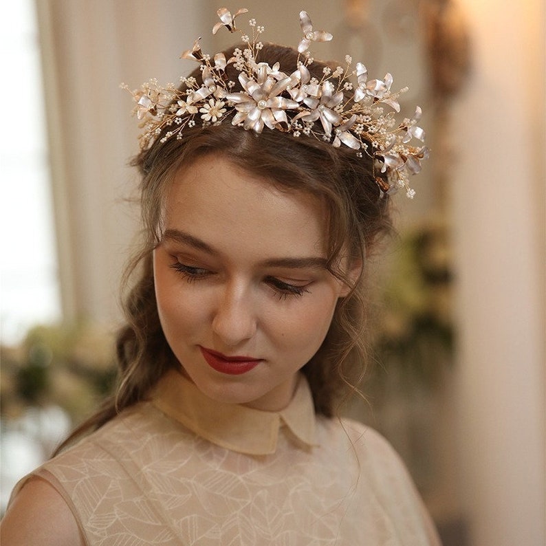Gold Tiara Floral Wedding Tiara Floral Bridal Tiara Wedding Etsy