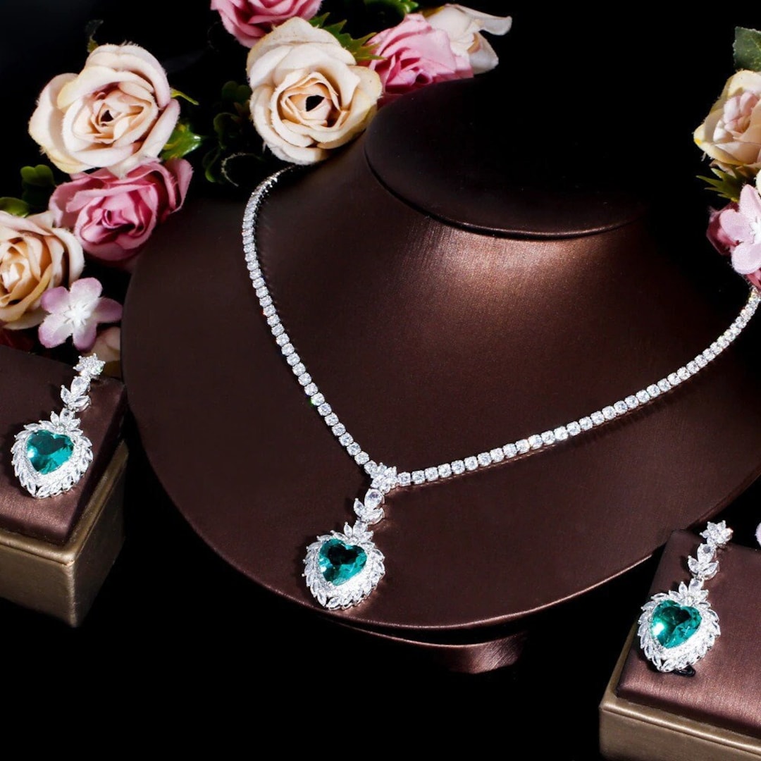 Emerald Bridal Necklace Set, Emerald Cz Rhinestone Necklace Earrings