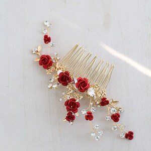 FLoral Hair vine, Red Rose Floral Headpiece, Women Prom Rhinestone Bridal Hair Comb Accessories Handmade Wedding Hair Headband red haircomb Comb