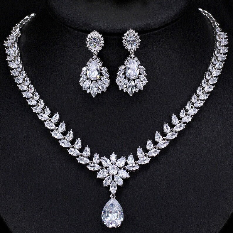 Swarovski bruids Cz ketting, zilveren bruids ketting, bruiloft sieraden set, Crystal Cz bruiloft ketting, wijnstok bruids ketting choker cadeau afbeelding 1