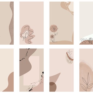 Puede incluir: Conjunto de ocho tarjetas digitales imprimibles minimalistas con formas abstractas y dibujos lineales de flores, plantas y rostros en tonos marrones y beige.