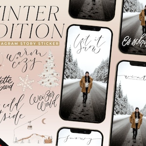 Könnte beinhalten: Ein Set Instagram Story Sticker mit Wintermotiven. Die Sticker zeigen Illustrationen eines verschneiten Waldes, eines gemütlichen Kamins, einer Schneeflocke, eines Mondes, einer Seilbahn und Text, der "warm & cozy", "Raclette Abend", "it's cold outside", "weißer Wald", "Let it snow", "Es schneit!" und "Winter Wonderland" lautet.