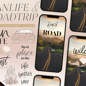 Könnte beinhalten: Ein Set Instagram-Story-Sticker zum Thema Vanlife und Roadtrip. Die Sticker zeigen Illustrationen eines Vans, Bergen, eines Lagerfeuers und Text, der "Vanlife", "bester Ort zum Sein", "Das Leben ist besser in einem Van", "Zurück auf die Straße", "Beste Reise aller Zeiten" und "In die Wildnis" sagt.