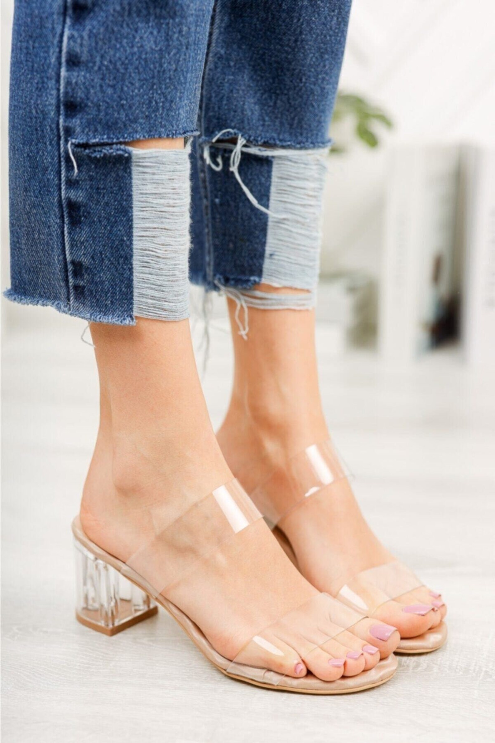 NUDE Clear Open Toe Heel Sandals Vegan Shoes Street Fashion | Etsy