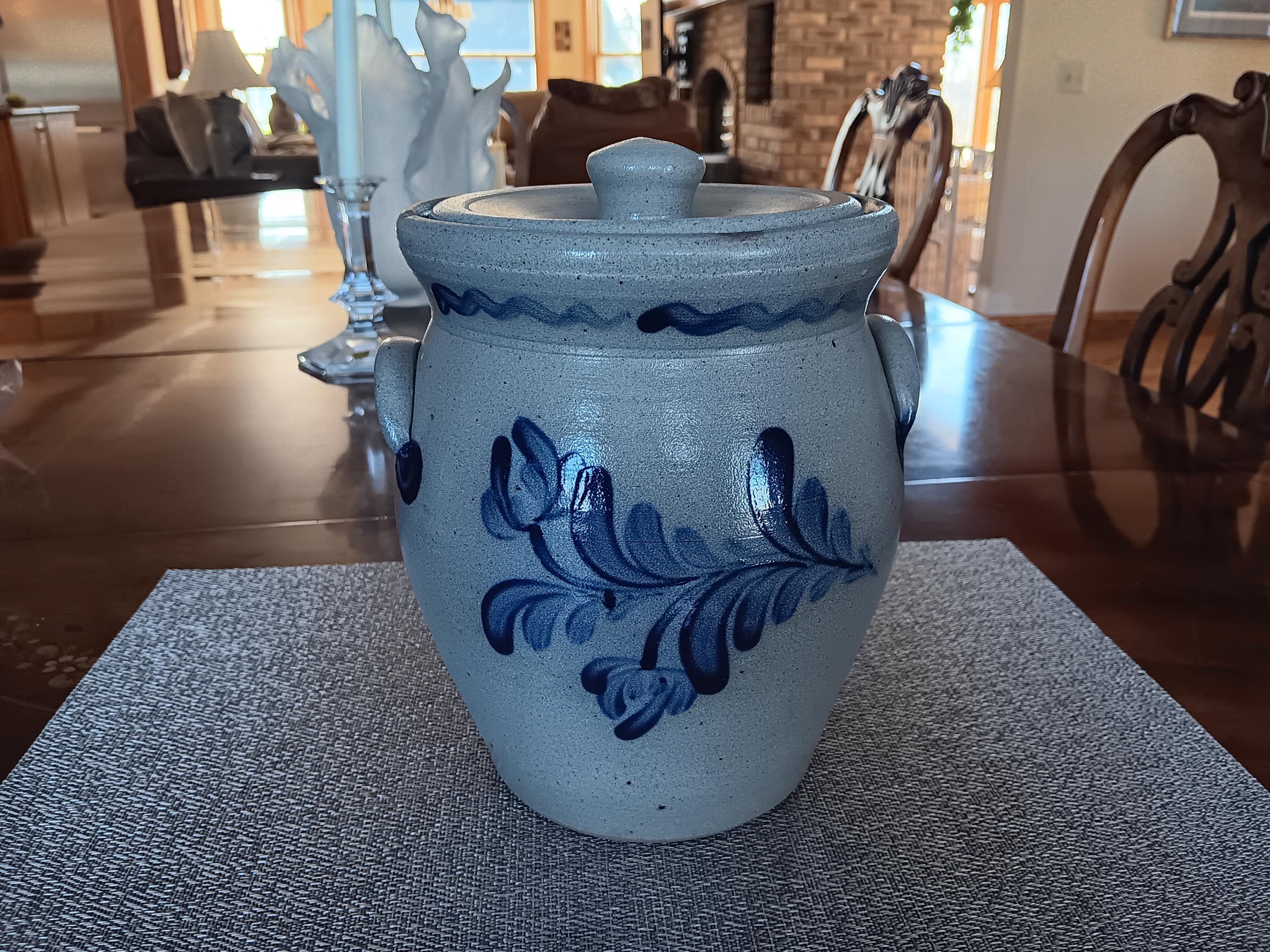 Vintage Rowe Pottery Stoneware Salt Glaze Jar Floral Motif With Ears And Lid 1994