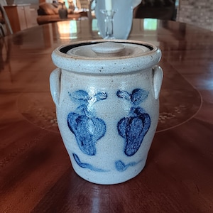 Vintage Country Home Collection Rowe Pottery Stoneware Salt Glaze Large Jar Two Strawberries With Ears and Lid 1989