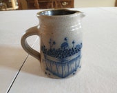 Vintage Salmon Falls Pottery Stoneware Salt Glaze Pitcher With Berry Basket Motif