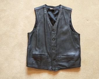 Vintage Letters Black Leather Men's Vest Size Large Heavy Weight Leather