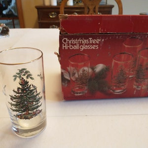 Set of Six Vintage Christmas Tree Hi-ball Glasses In Original Box